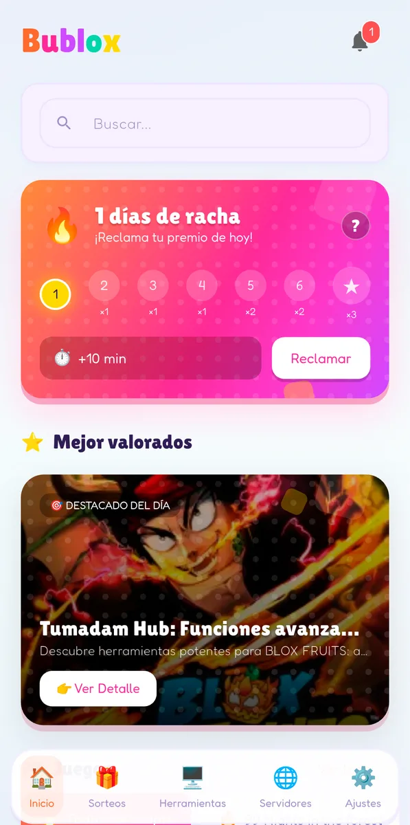 Bublox Hub home tab with search bar, daily streak card and a featured card under Top rated