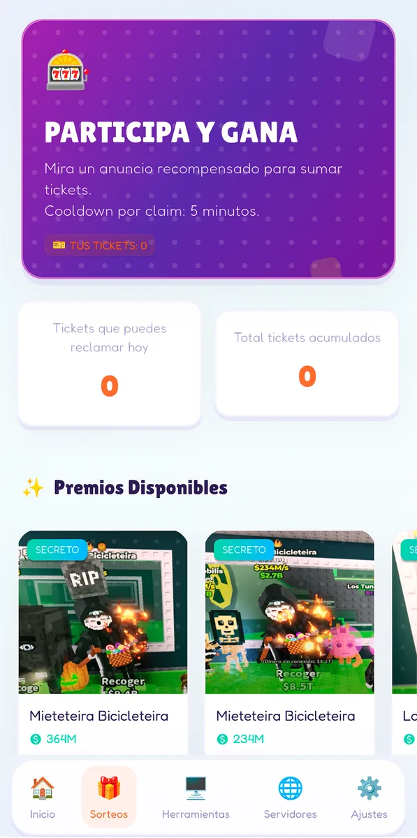 Bublox Hub raffles tab showing ticket counters and a row of available prizes