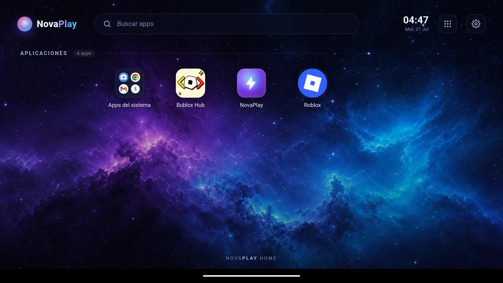 NovaPlay Home, the Android launcher shown when the NovaPlay emulator starts on Windows